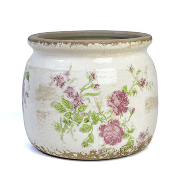 Vintage Crackle-Glaze Ceramic Planter - Rustic Floral Garden Pot
