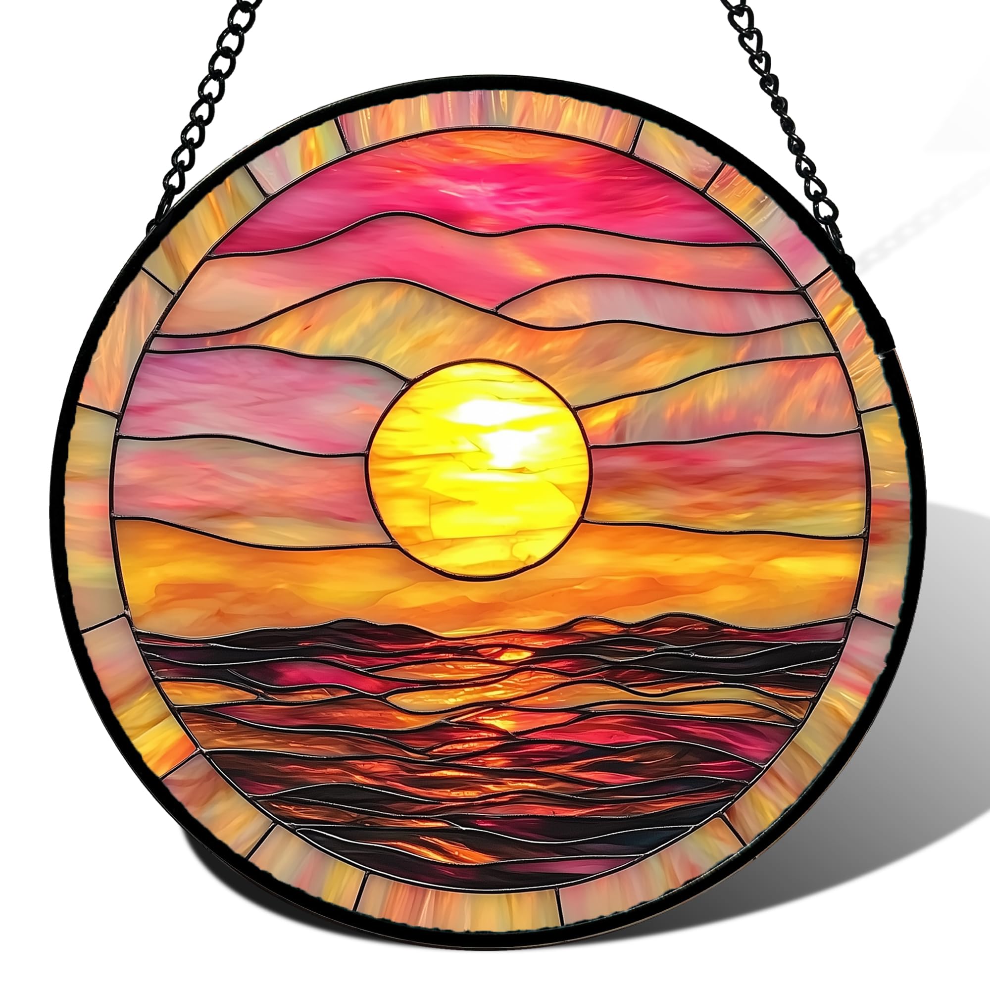 Sunrise Ocean Stained Glass Suncatcher – Handmade 7.8" Abstract Seascape Window Hanging