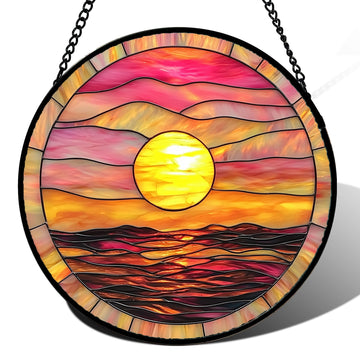 Sunrise Ocean Stained Glass Suncatcher – Handmade 7.8" Abstract Seascape Window Hanging