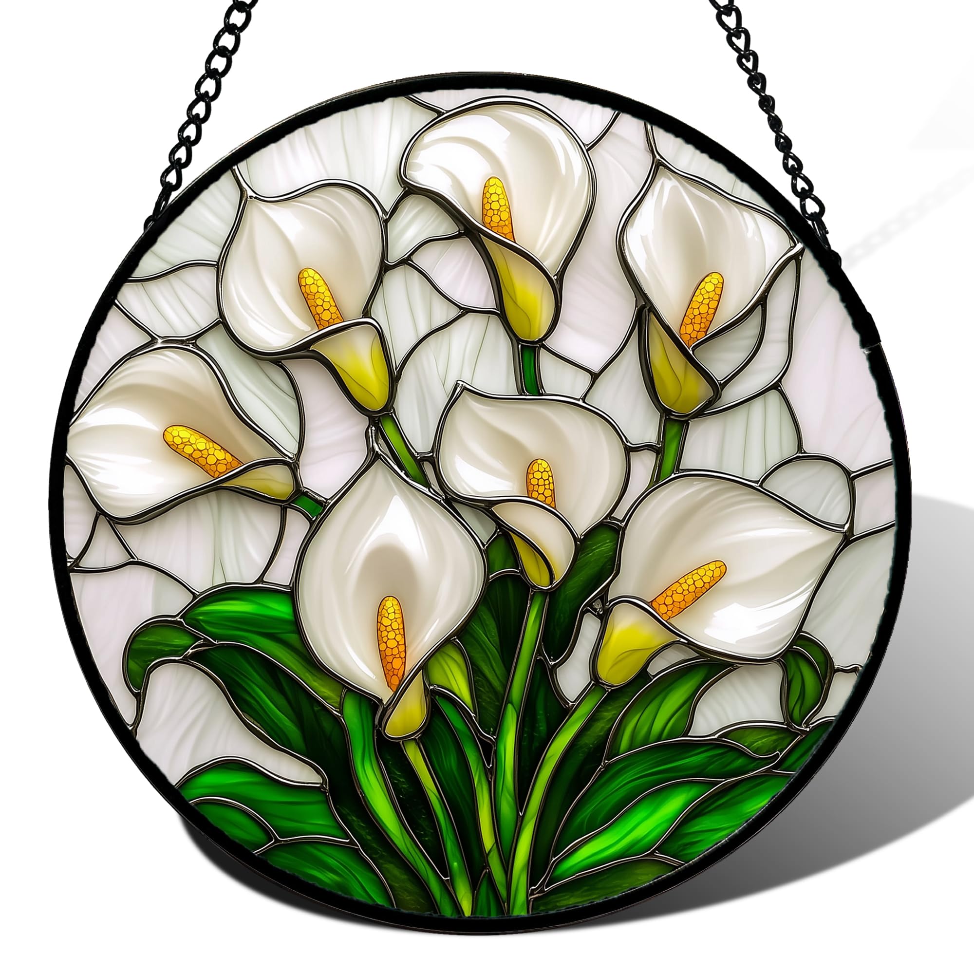 Elegant White Calla Lily Stained Glass Suncatcher – Handmade 7.8" Floral Window Hanging