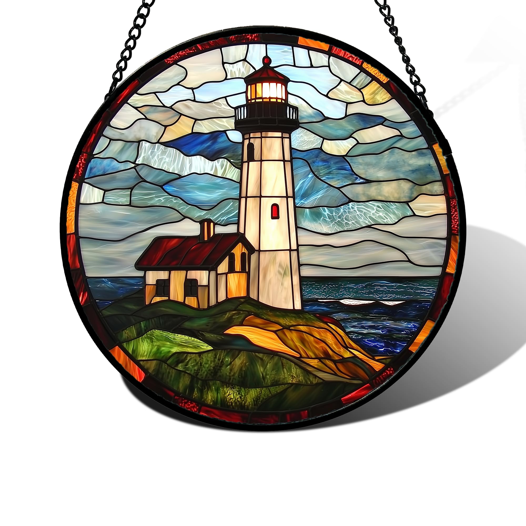 Ocean Lighthouse Stained Glass Sun Catcher – Blue Green Coastal Hanging Decor