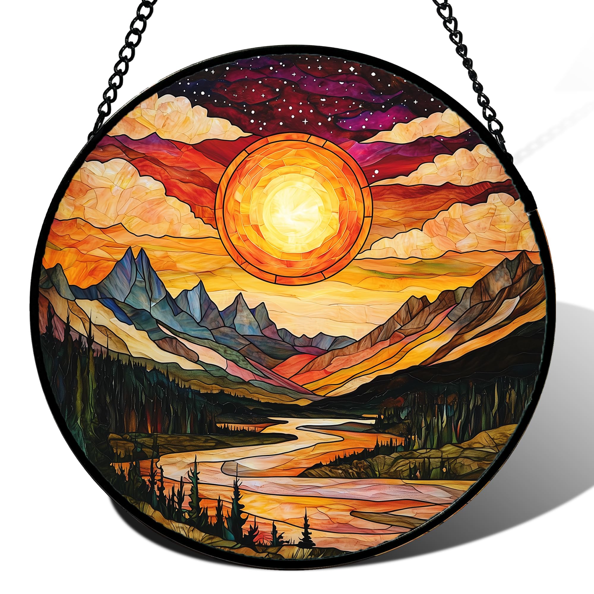 Dusk Lakes & Mountains Stained Glass Suncatcher – Handmade 7.8" Sunset Landscape Window Hanging
