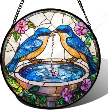 Two Blue Birds Stained Glass Suncatcher – Handmade 6.3" Bird Lover Window Hanging Decor