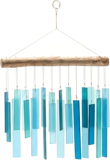 Glass Wind Chimes for Outside – Handmade Coastal Beach Decor with Natural Driftwood Top