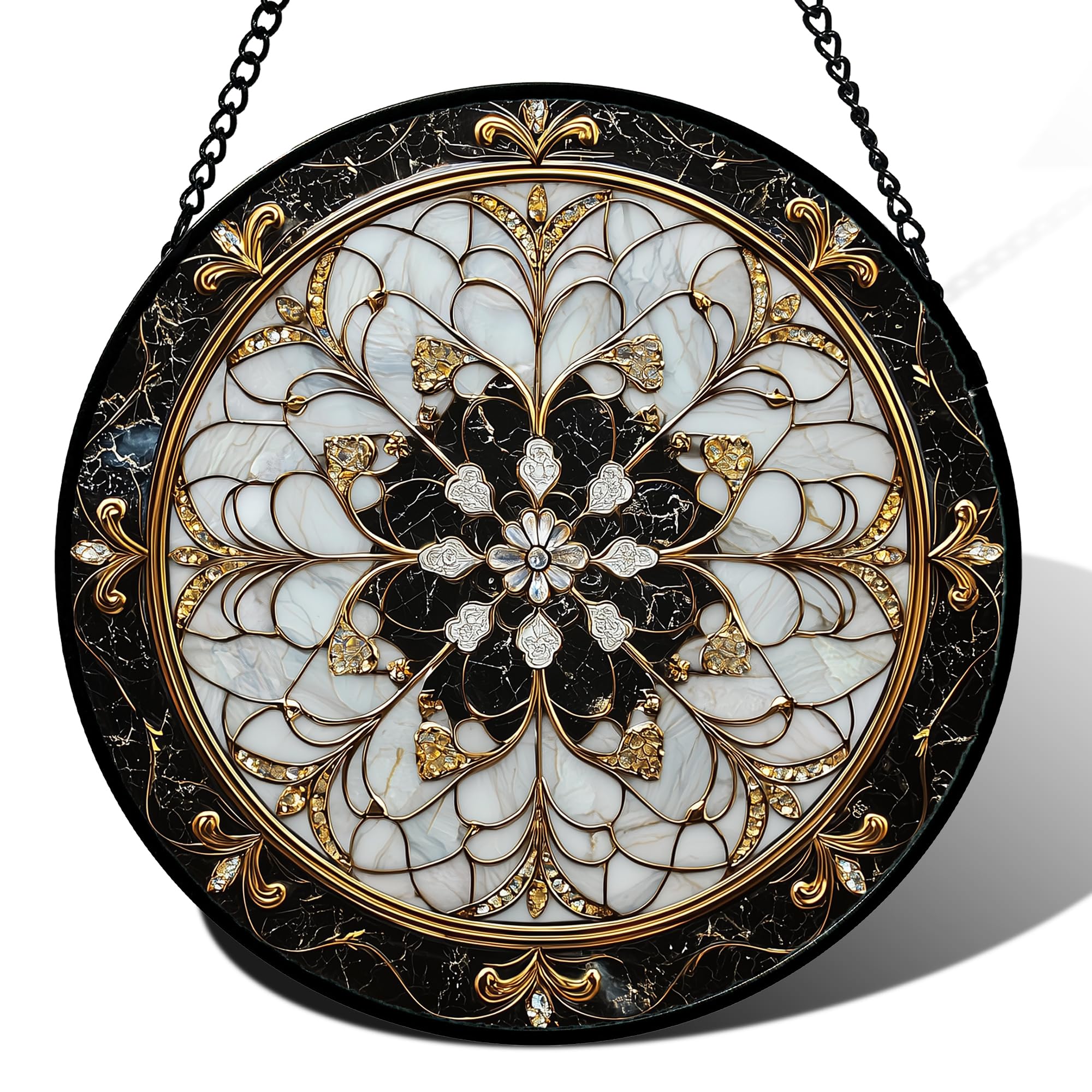 Black White and Gold Boho Sun Catcher – Abstract Floral Window Hanging for Home & Gifting