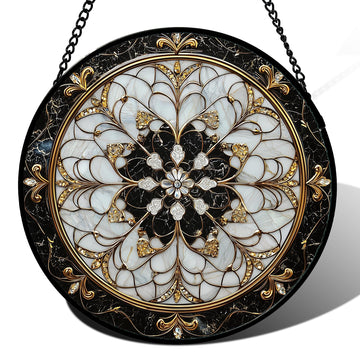 Black White and Gold Boho Sun Catcher – Abstract Floral Window Hanging for Home & Gifting