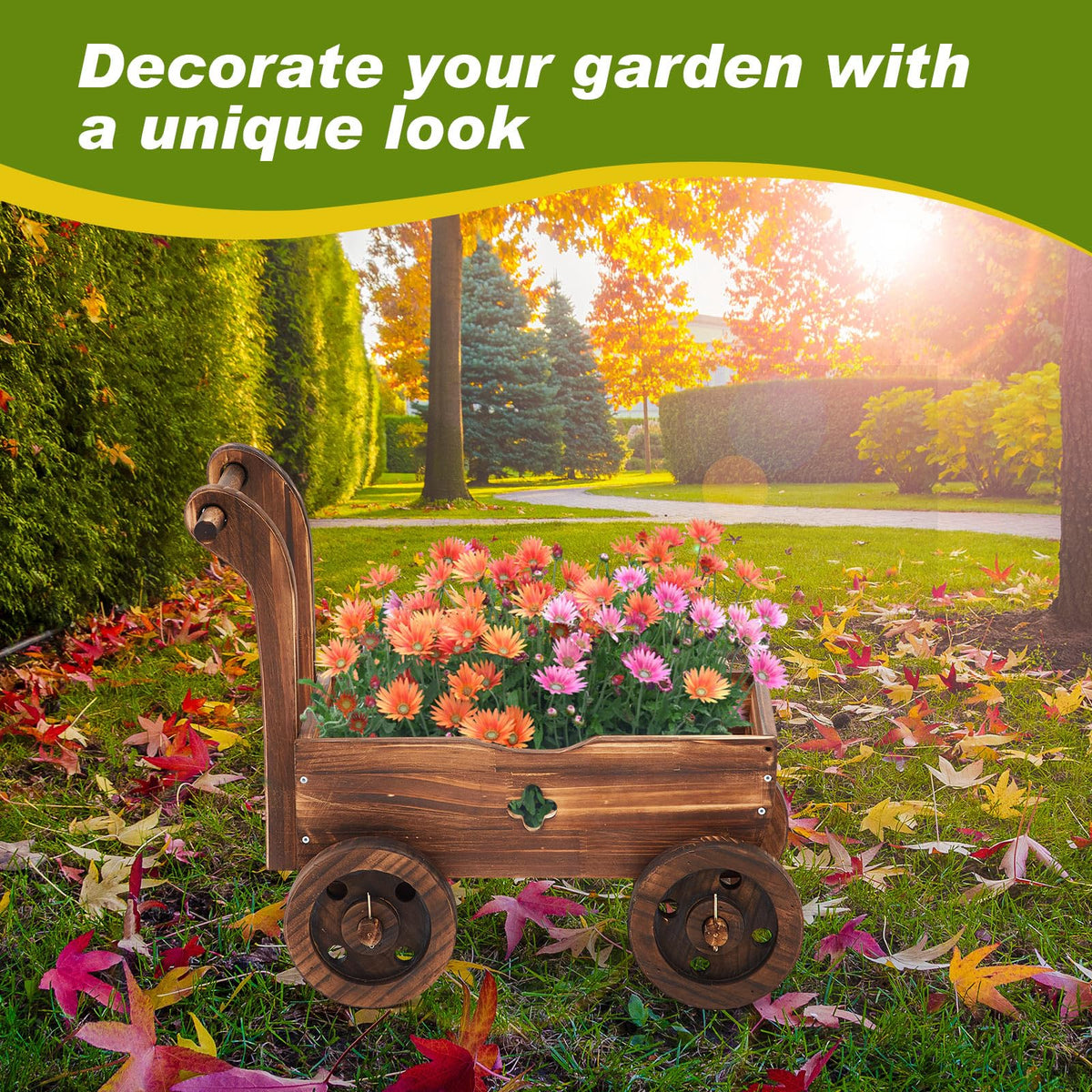 Mobile Wooden Wagon Planter - Rolling Garden Cart with Handle & Wheels