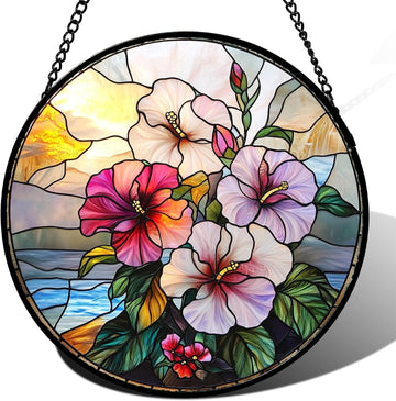 Pink Purple Hibiscus Flowers Stained Glass Suncatcher – Handmade 7.8" Floral Window Hanging Decor