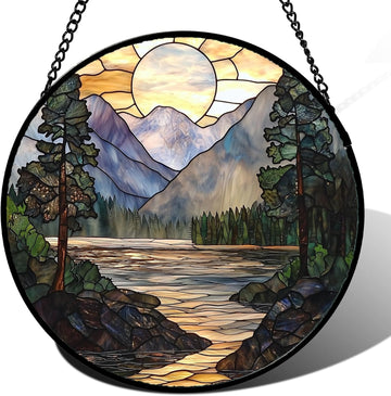 Sunset Mountains Lake Tree Stained Glass Suncatcher – Handmade 6.3" Landscape Window Hanging Decor