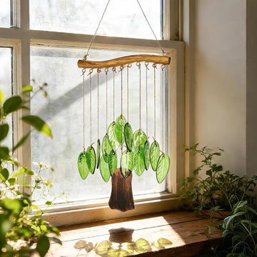 Natural Green Leaf Glass Wind Chime – Handcrafted with Iron Wood