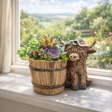 Adorable Highland Cow with Wooden Barrel Planter