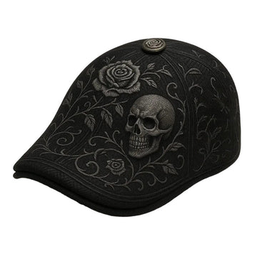 Men's newsboy cap with skull embroidery
