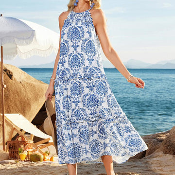 Women's Boho Casual Summer Floral Halter Tiered Beach Dress